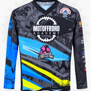 Camiseta frontal del Traje Oficial Motoffroad, en gris, azul y amarillo