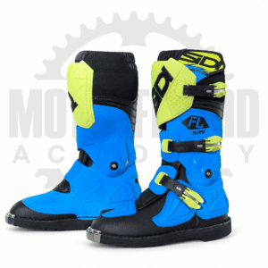 Par de botas SIDI Flame infantiles azules y amarillo lima, vistas exterior e interior, sobre fondo blanco con marca de agua Motoffroad.