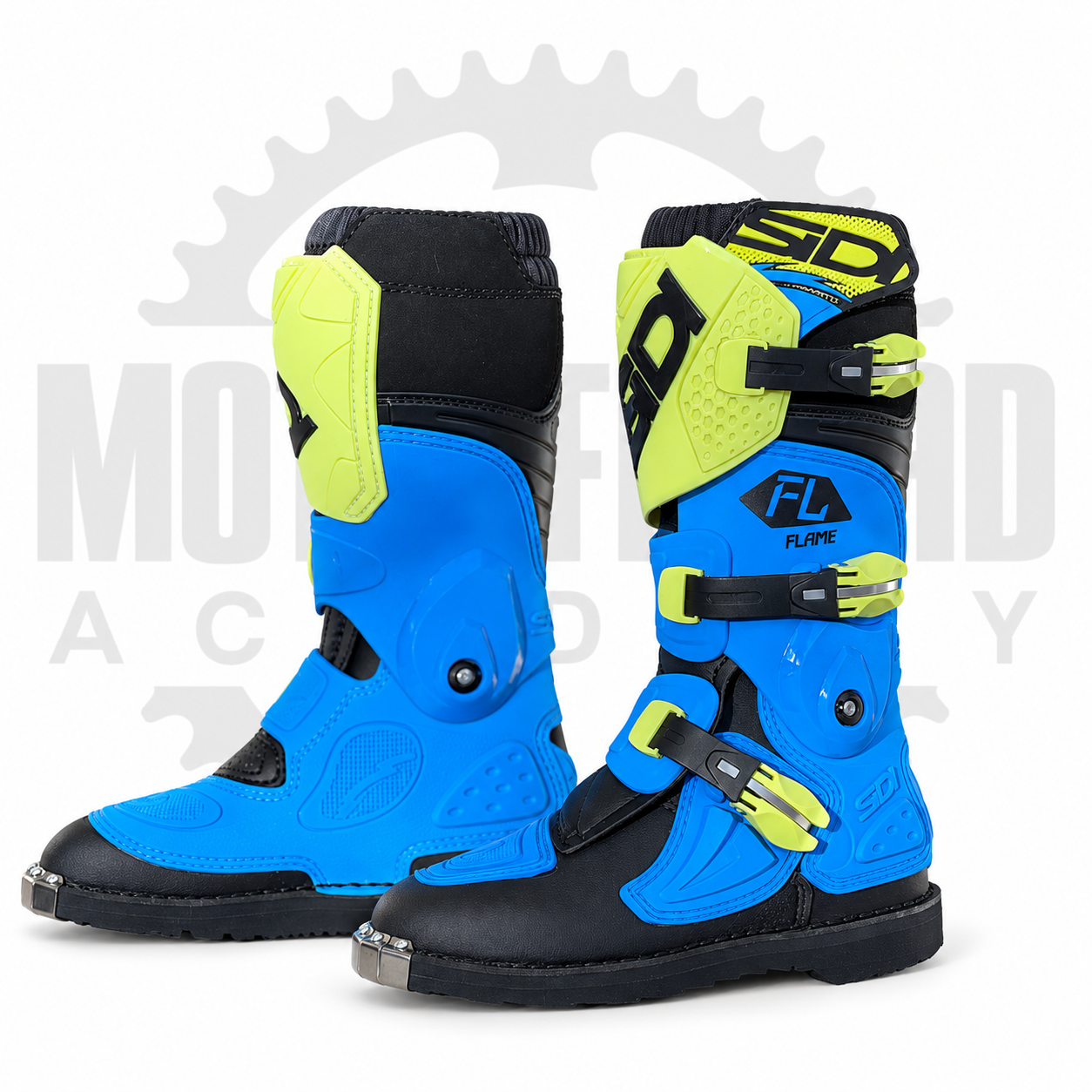 Par de botas SIDI Flame infantiles azules y amarillo lima, vistas exterior e interior, sobre fondo blanco con marca de agua Motoffroad.
