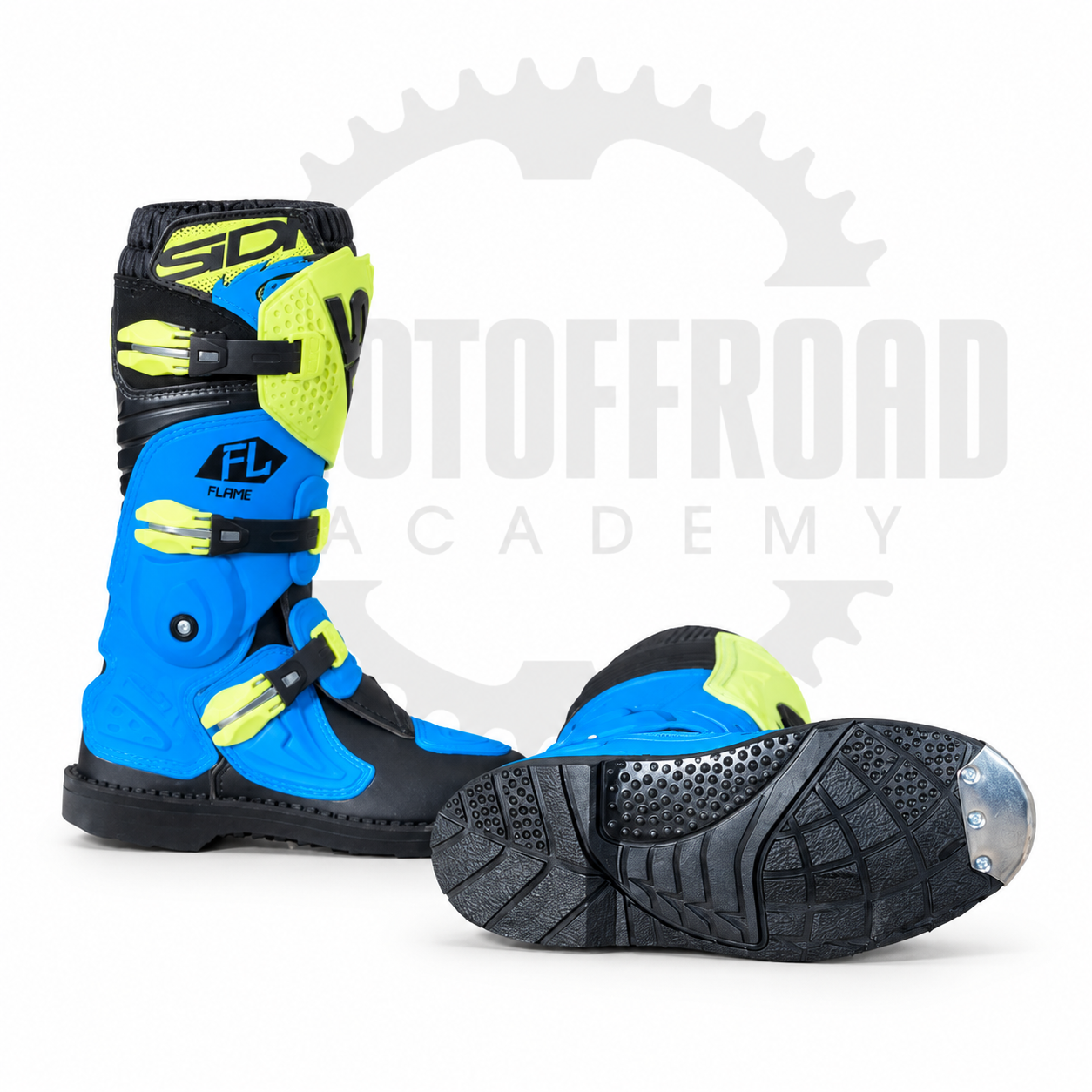 Suela de goma Mini Cross y puntera metálica de las botas SIDI Flame infantiles azules y amarillo lima.