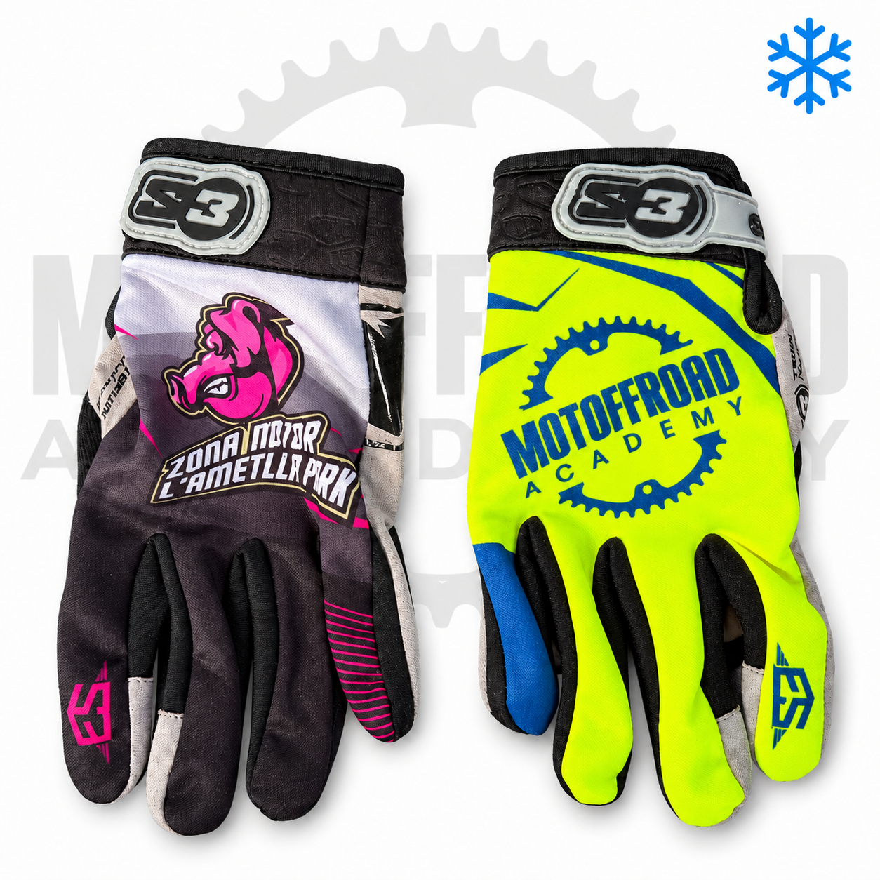 Guantes S3 Ice Nano: diseños Zona Motor Ametlla Park y Motoffroad Academy, con copo de nieve azul para identificar el modelo de frío y viento.