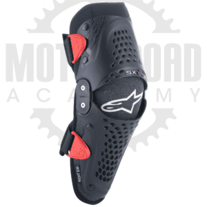 Rodilleras infantiles Alpinestars SX-1 negro/rojo, vista frontal, con logo original Motoffroad Academy.