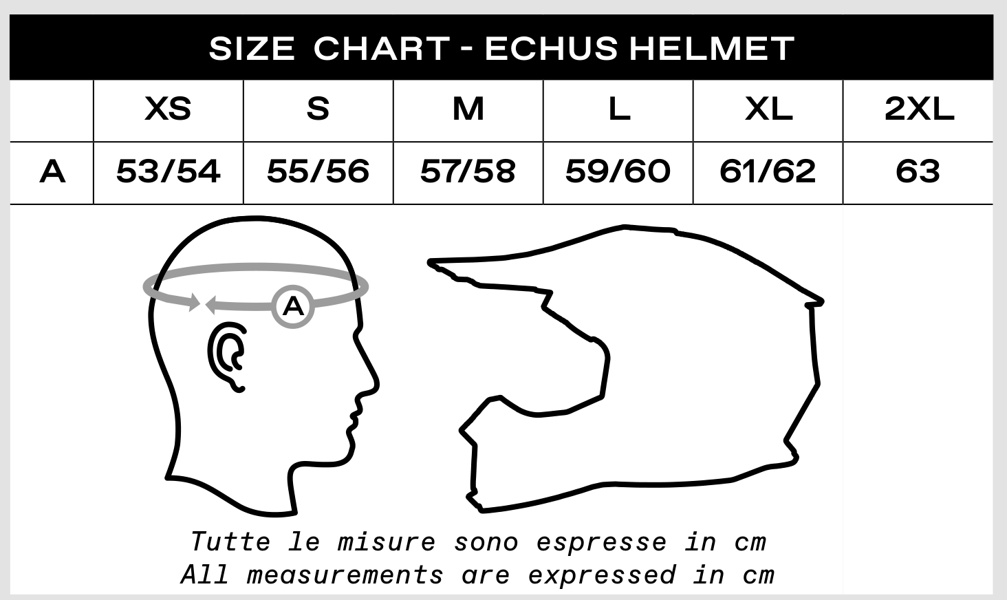 Guía de tallas original UFO para cascos Echus y Echus-X Carbon: contorno de cabeza en centímetros, tallas XS a 2XL.