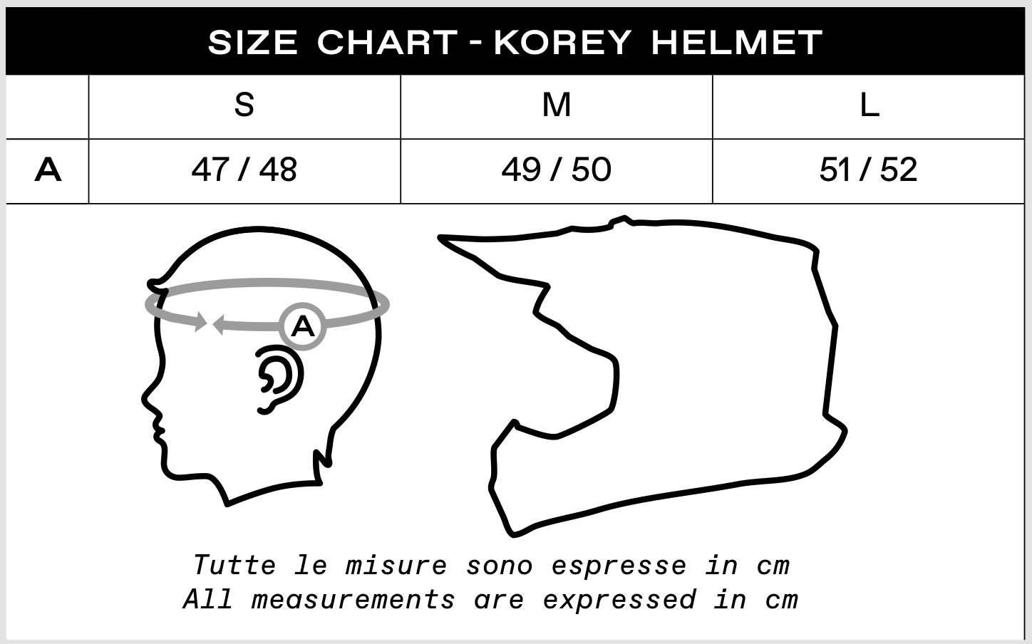 Guía de tallas original del casco infantil UFO Korey: S 47–48 cm, M 49–50 cm y L 51–52 cm de contorno de cabeza.