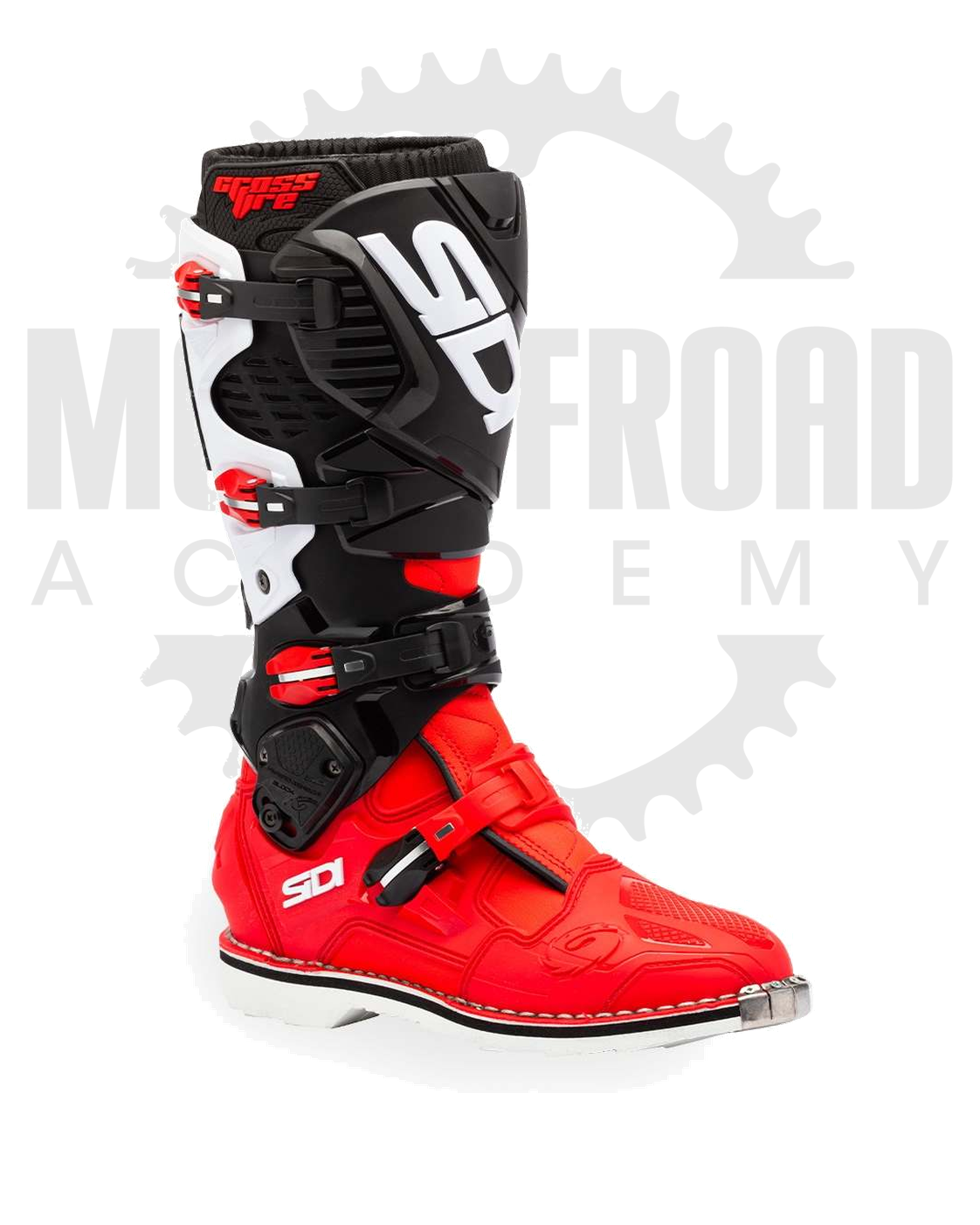 Botas Sidi Crossfire 3 en Rojo/negro/blanco, vista lateral, con logo original Motoffroad Academy de fondo.