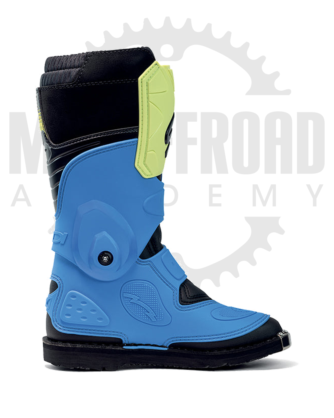 Botas Sidi Flame infantil en Azul/amarillo, lateral interior, con logo original Motoffroad Academy de fondo.